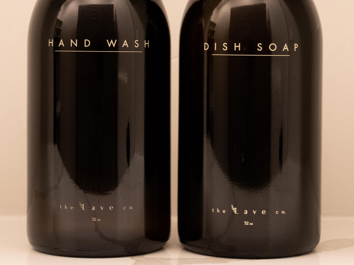 32 oz Refillable Dish Soap + 32 oz Hand Wash Dispenser, Amber Glass Bottle w/ Gold Pump