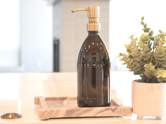 16 oz Refillable Hand Wash Dispenser, Amber Glass Bottle w/ Gold Pump