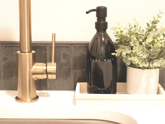 16 oz Refillable Hand Wash Dispenser, Amber Glass Bottle w/ Matte Black Pump