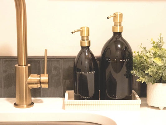 32 oz Refillable Dish Soap + 16 oz Hand Wash Dispenser, Amber Glass Bottle w/ Gold Pump