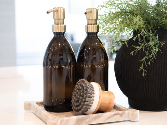 16 oz Refillable Dish Soap + 16 oz Hand Wash Dispenser, Amber Glass Bottle w/ Gold Pump