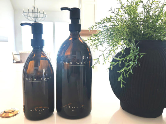32 oz Refillable Dish Soap + 16 oz Hand Wash Dispenser, Amber Glass Bottle w/ Matte Black Pump
