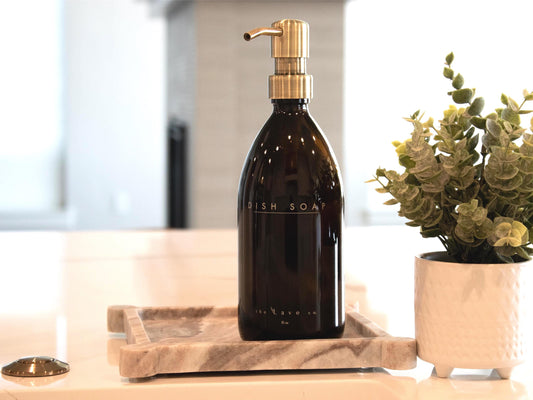 16 oz Refillable Dish Soap Dispenser, Amber Glass Bottle w/ Gold Pump