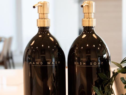 32 oz Refillable Dish Soap + 32 oz Hand Wash Dispenser, Amber Glass Bottle w/ Gold Pump