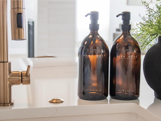 32 oz Refillable Dish Soap + 32 oz Hand Wash Dispenser, Amber Glass Bottle w/ Matte Black Pump